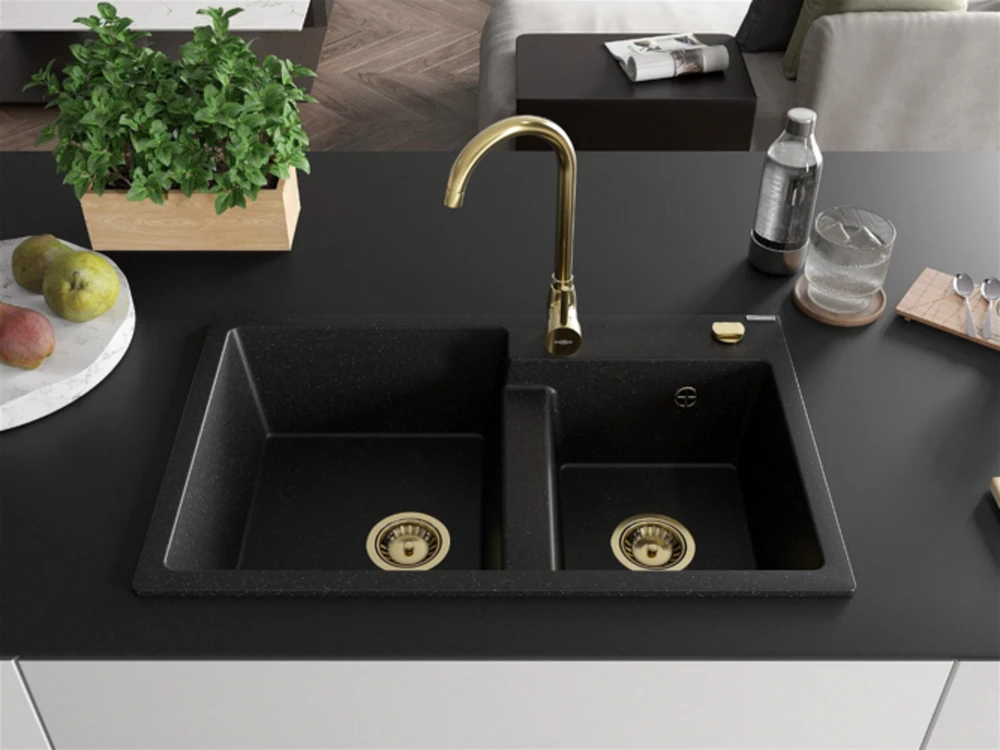Granitinė virtuvinė plautuvė Mexen Tomas su maišytuvu ir sifonu, Metallic juodas/sidabrinis+Gold