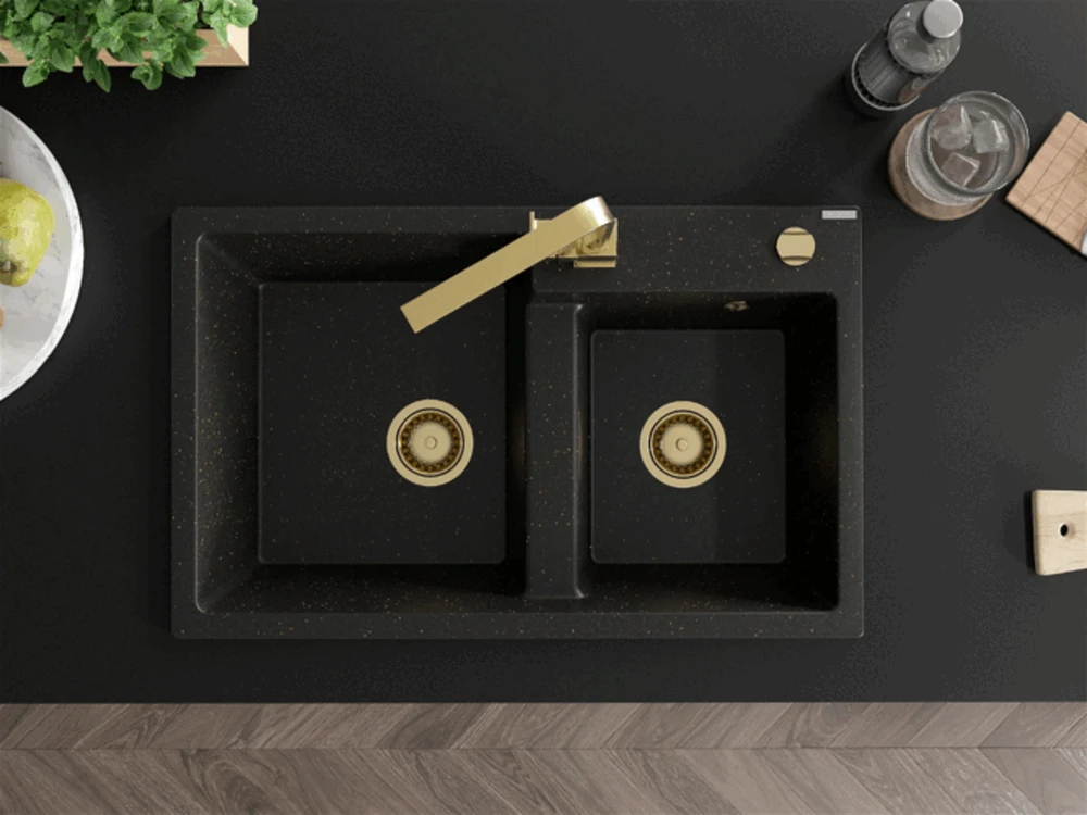Granitinė virtuvinė plautuvė Mexen Tomas su maišytuvu ir sifonu, Metallic juodas/auksinis+Gold