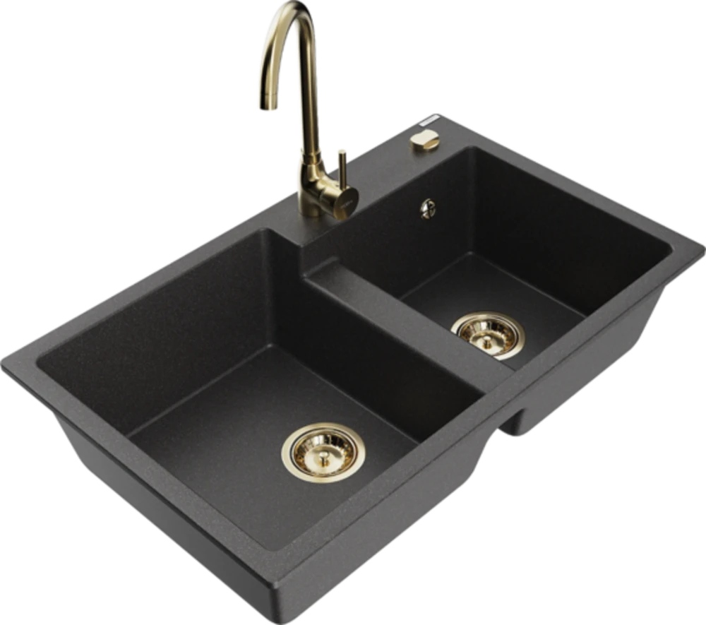 Granitinė virtuvinė plautuvė Mexen Tomas su maišytuvu ir sifonu, Juodas granite+Gold