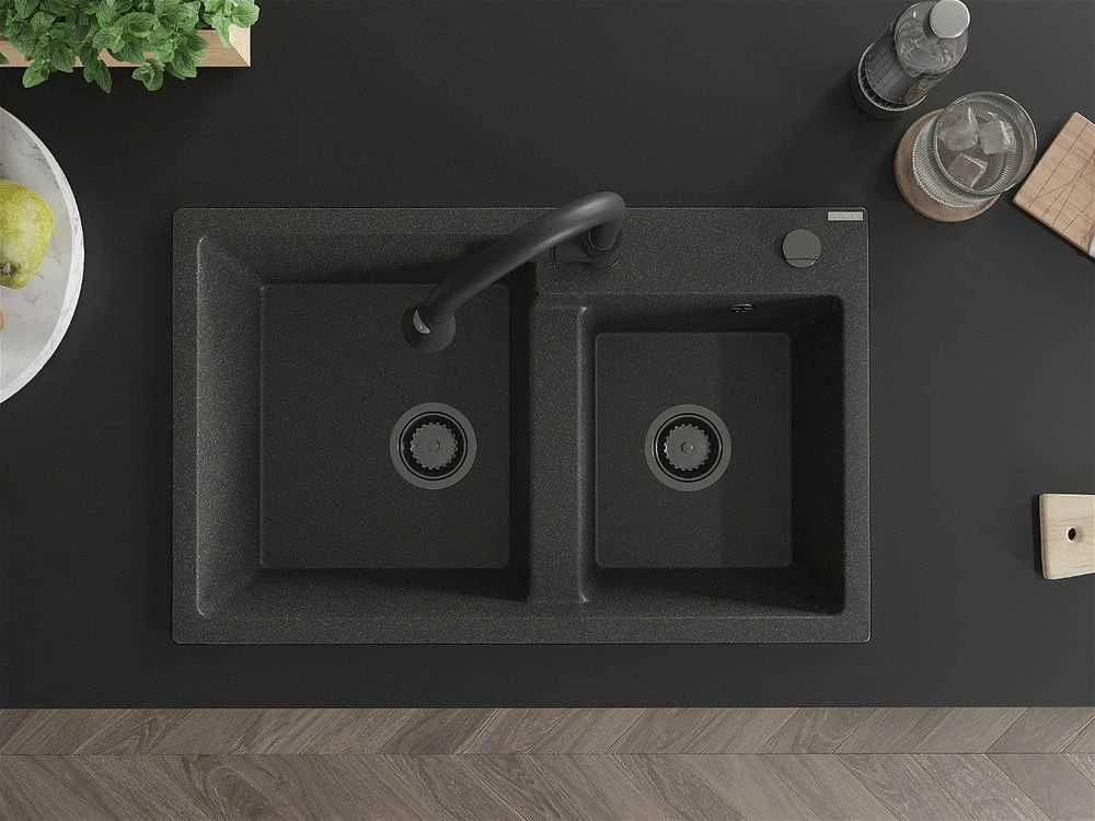 Granitinė virtuvinė plautuvė Mexen Tomas su maišytuvu ir sifonu, Juodas granite+Juodas
