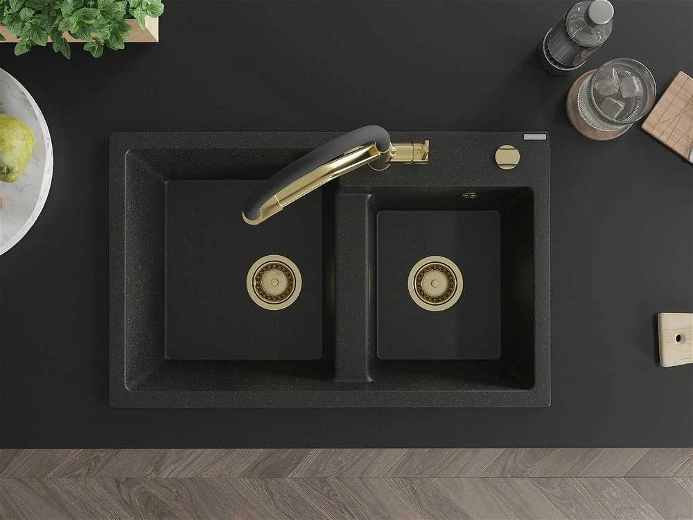 Granitinė virtuvinė plautuvė Mexen Tomas su maišytuvu ir sifonu, Metallic juodas/sidabrinis+Juodas/Gold