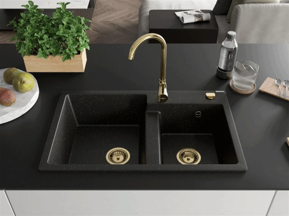 Granitinė virtuvinė plautuvė Mexen Tomas su maišytuvu ir sifonu, Metallic juodas/auksinis+Gold