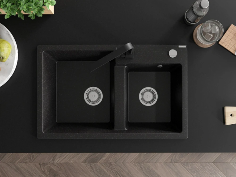 Granitinė virtuvinė plautuvė Mexen Tomas su maišytuvu ir sifonu, Metallic juodas/sidabrinis+Juodas