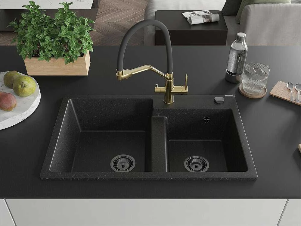 Granitinė virtuvinė plautuvė Mexen Tomas su maišytuvu ir sifonu, Metallic juodas/sidabrinis+Juodas/Gold