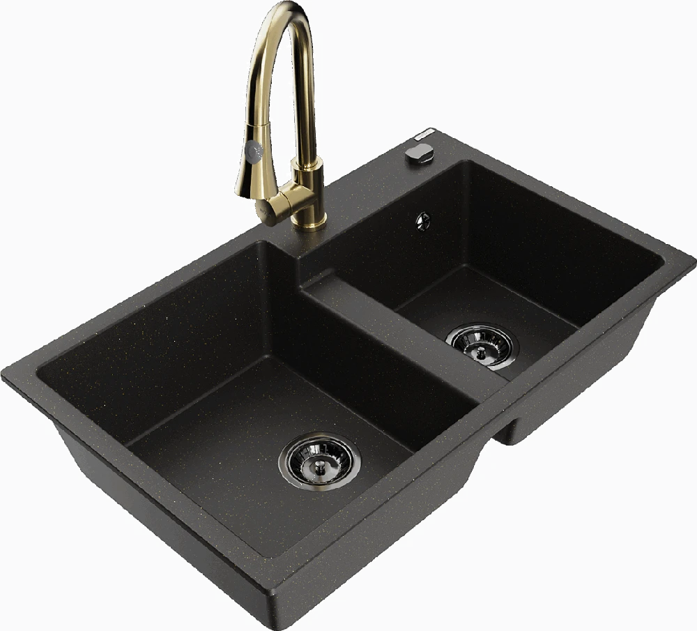 Granitinė virtuvinė plautuvė Mexen Tomas su maišytuvu ir sifonu, Metallic juodas/auksinis+Gold