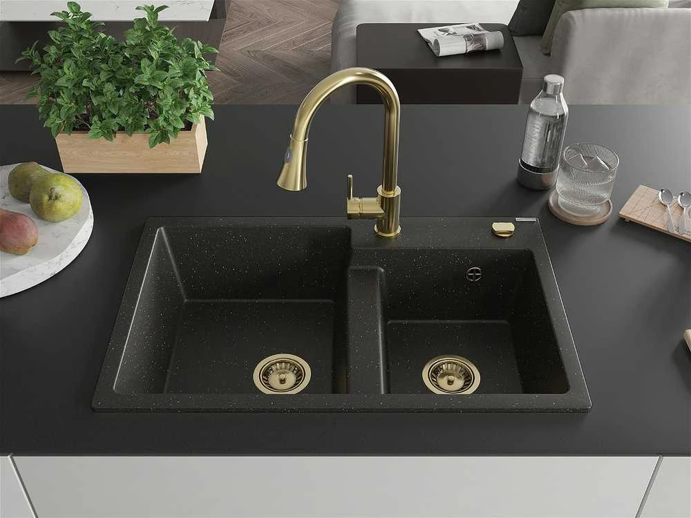 Granitinė virtuvinė plautuvė Mexen Tomas su maišytuvu ir sifonu, Metallic juodas/auksinis+Gold