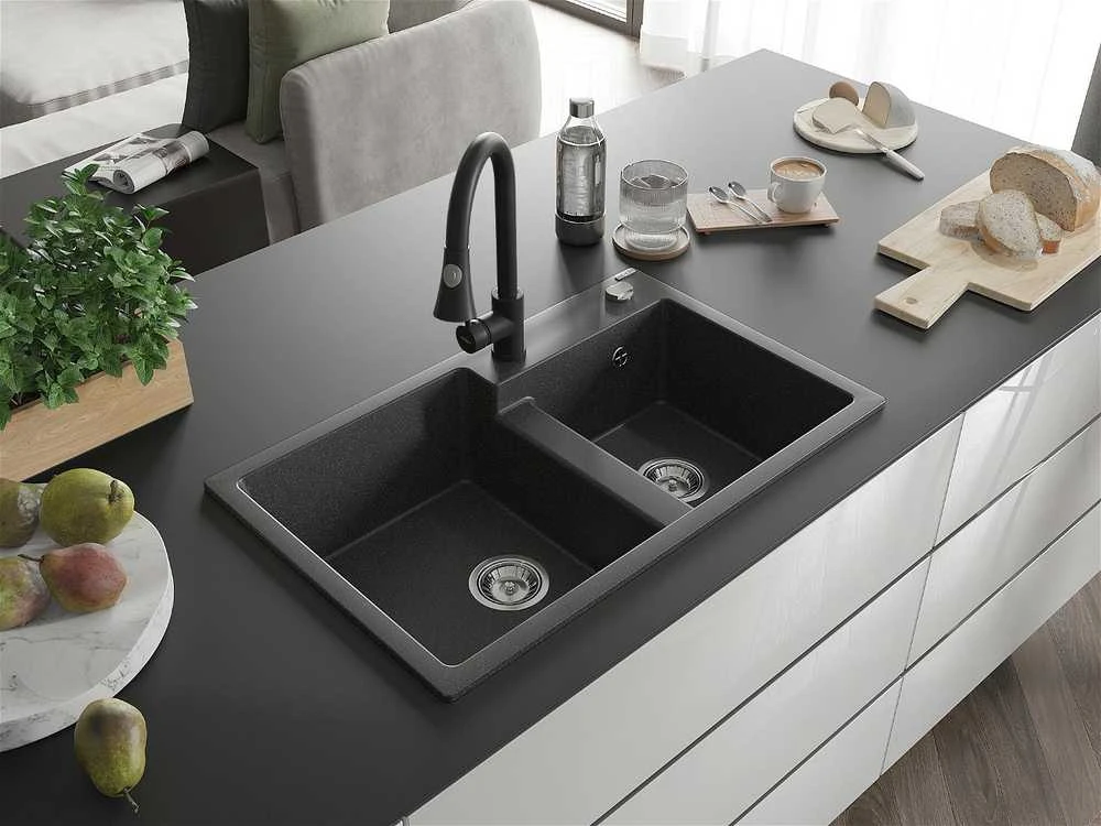 Granitinė virtuvinė plautuvė Mexen Tomas su maišytuvu ir sifonu, Juodas granite+Juodas