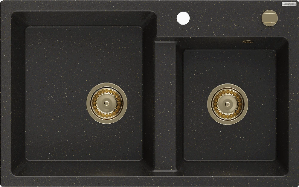Granitinė virtuvinė plautuvė Mexen Tomas su sifonu, Metallic Juodas/Gold+Gold, 800 x 500 mm
