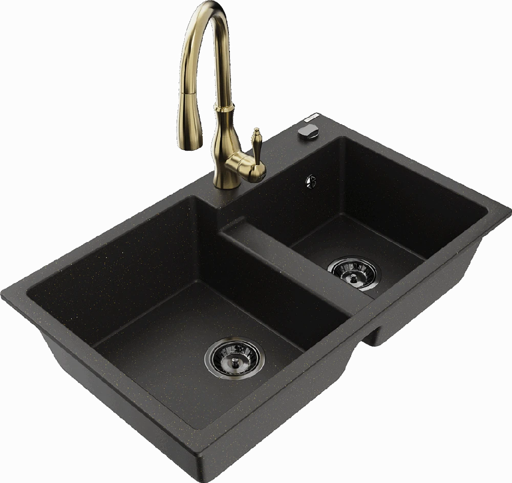 Granitinė virtuvinė plautuvė Mexen Tomas su maišytuvu ir sifonu, Metallic juodas/auksinis+Gold