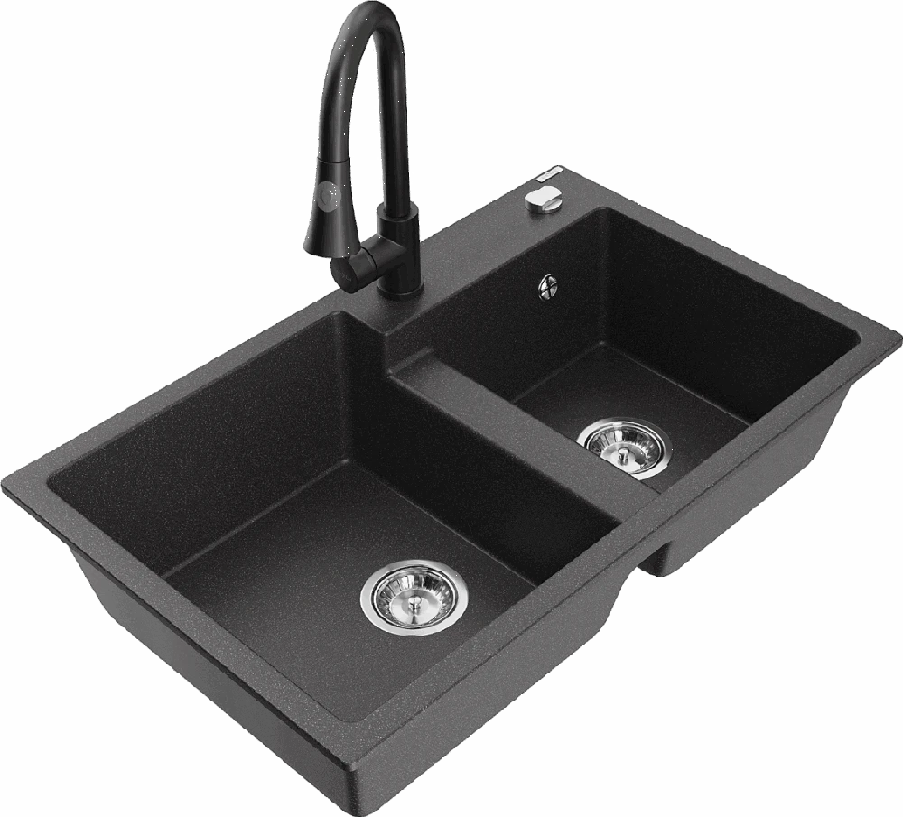 Granitinė virtuvinė plautuvė Mexen Tomas su maišytuvu ir sifonu, Juodas granite+Juodas