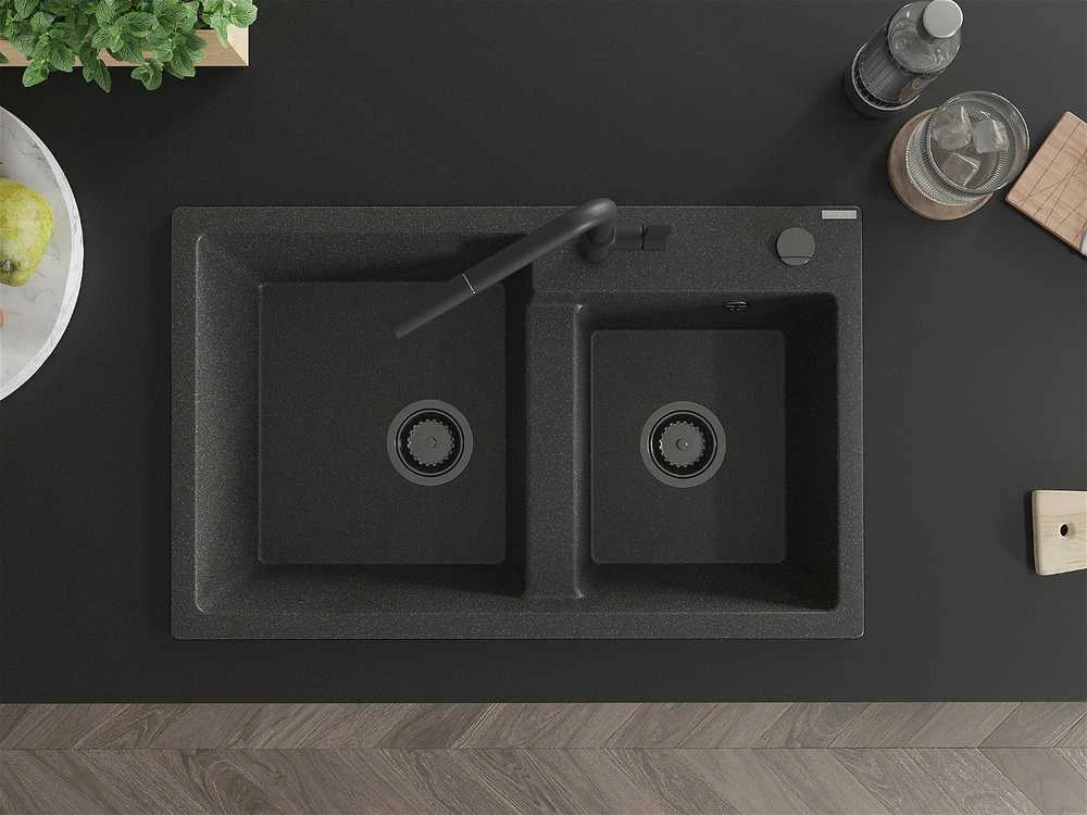 Granitinė virtuvinė plautuvė Mexen Tomas su maišytuvu ir sifonu, Juodas granite+Juodas