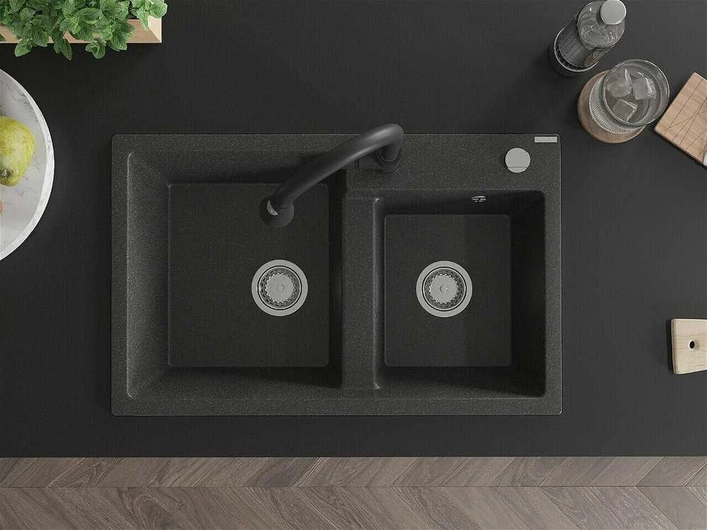 Granitinė virtuvinė plautuvė Mexen Tomas su maišytuvu ir sifonu, Juodas granite+Juodas