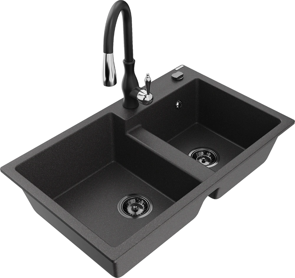 Granitinė virtuvinė plautuvė Mexen Tomas su maišytuvu ir sifonu, Juodas granite+Juodas