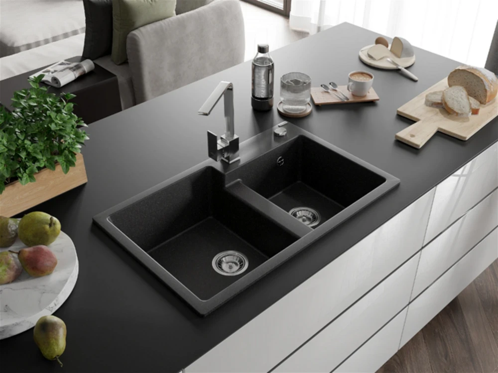 Granitinė virtuvinė plautuvė Mexen Tomas su maišytuvu ir sifonu, Juodas granite+Chrome