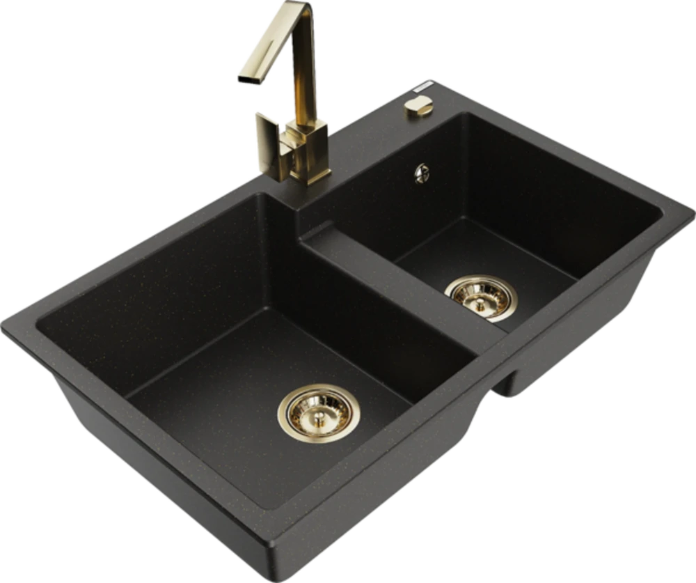 Granitinė virtuvinė plautuvė Mexen Tomas su maišytuvu ir sifonu, Metallic juodas/auksinis+Gold