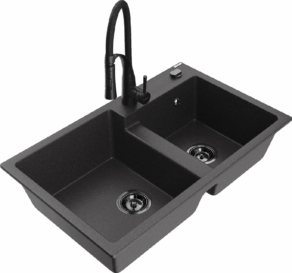 Granitinė virtuvinė plautuvė Mexen Tomas su maišytuvu ir sifonu, Juodas granite+Juodas