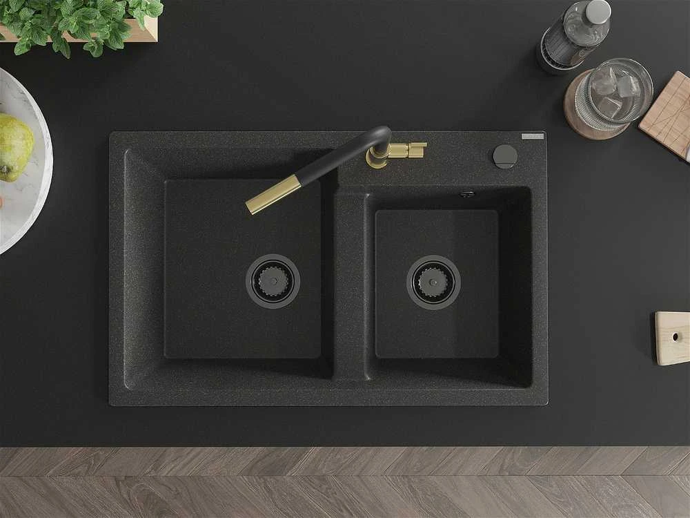 Granitinė virtuvinė plautuvė Mexen Tomas su maišytuvu ir sifonu, Juodas granite+Juodas/Gold