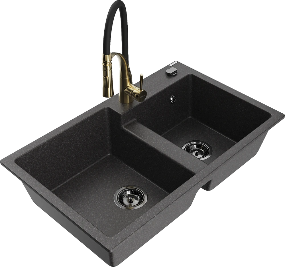 Granitinė virtuvinė plautuvė Mexen Tomas su maišytuvu ir sifonu, Juodas granite+Juodas/Gold