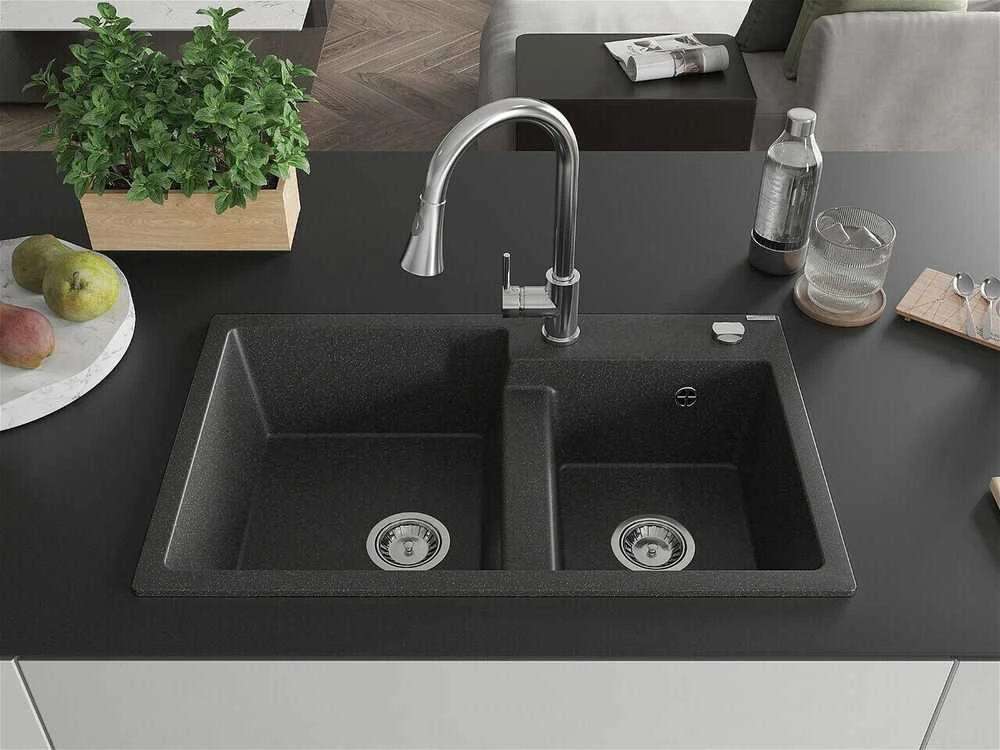 Granitinė virtuvinė plautuvė Mexen Tomas su maišytuvu ir sifonu, Juodas granite+Chrome
