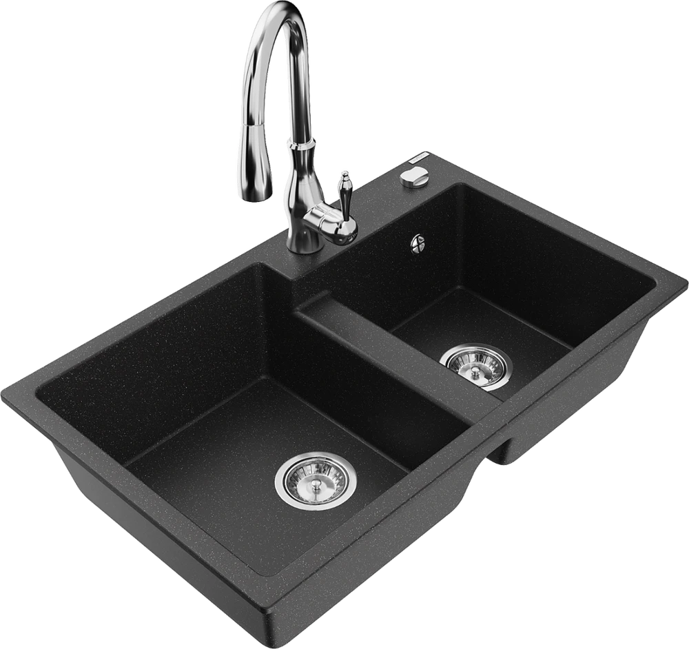 Granitinė virtuvinė plautuvė Mexen Tomas su maišytuvu ir sifonu, Metallic juodas/sidabrinis+Chrome