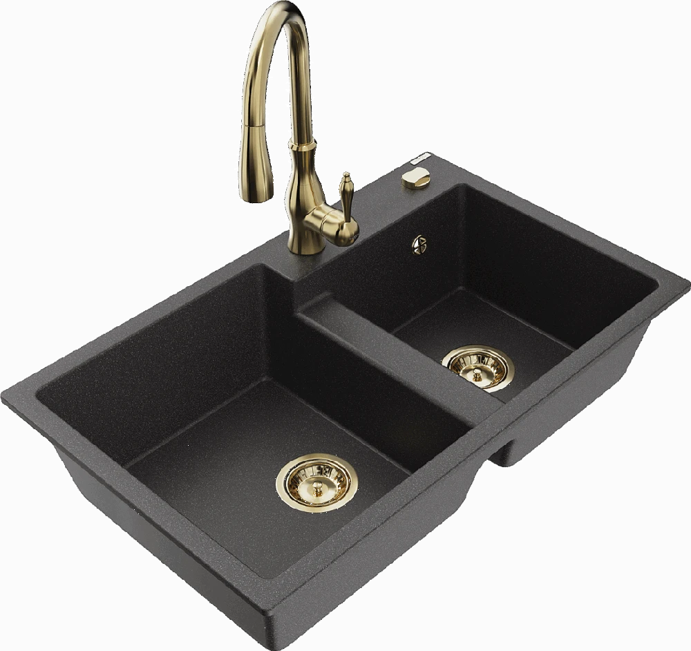 Granitinė virtuvinė plautuvė Mexen Tomas su maišytuvu ir sifonu, Juodas granite+Gold