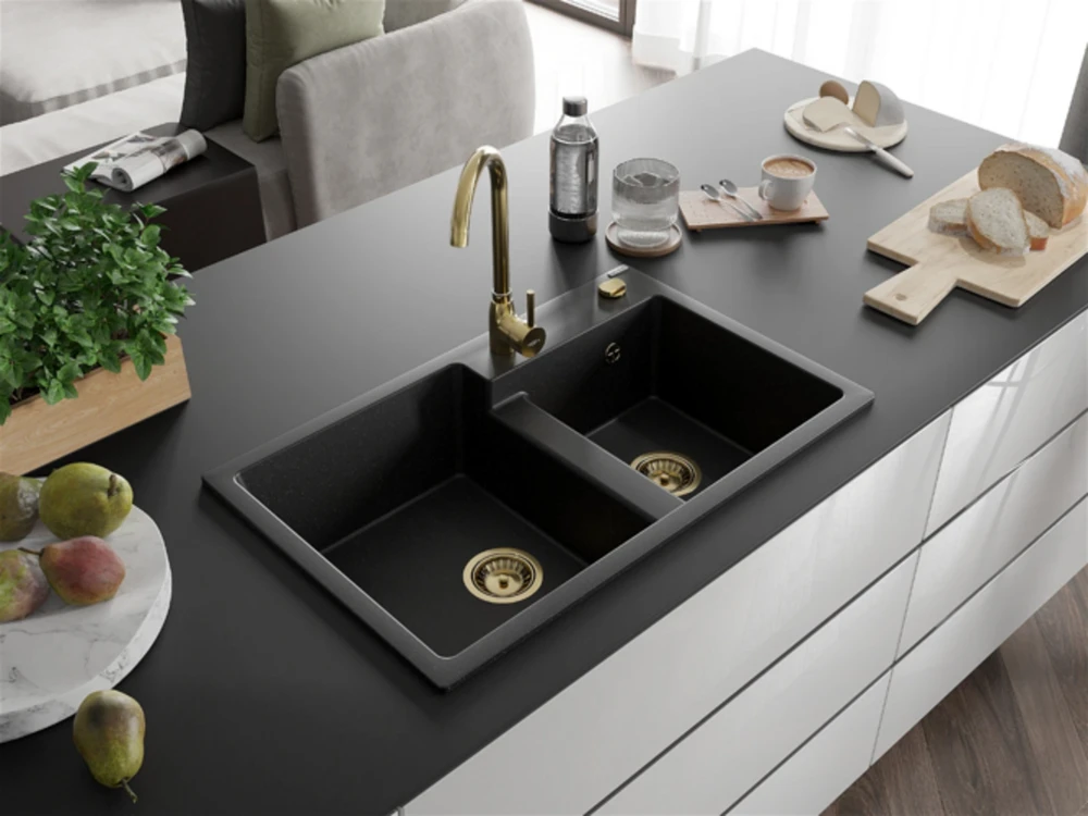 Granitinė virtuvinė plautuvė Mexen Tomas su maišytuvu ir sifonu, Metallic juodas/sidabrinis+Gold