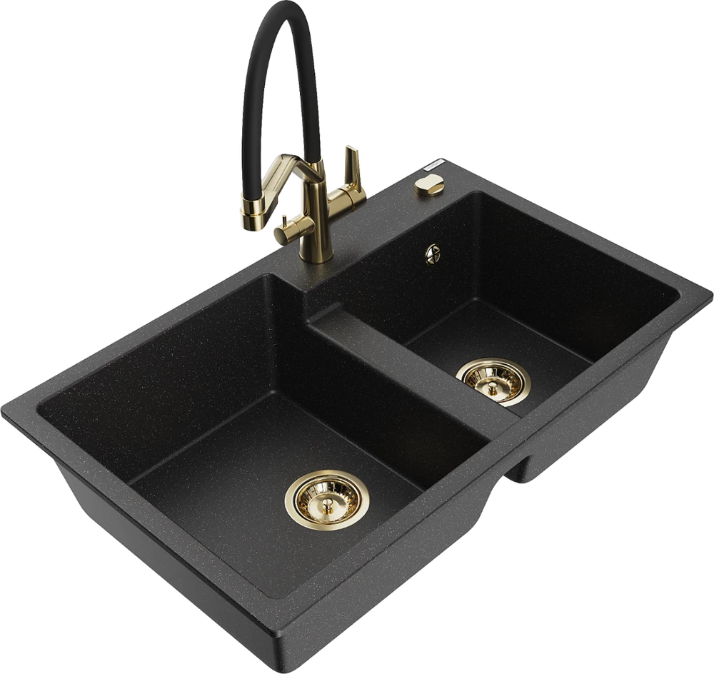 Granitinė virtuvinė plautuvė Mexen Tomas su maišytuvu ir sifonu, Metallic juodas/sidabrinis+Juodas/Gold