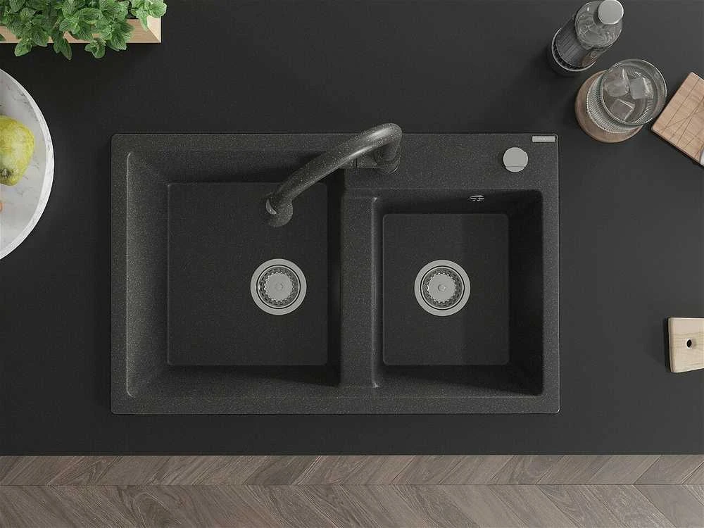 Granitinė virtuvinė plautuvė Mexen Tomas su maišytuvu ir sifonu, Juodas granite