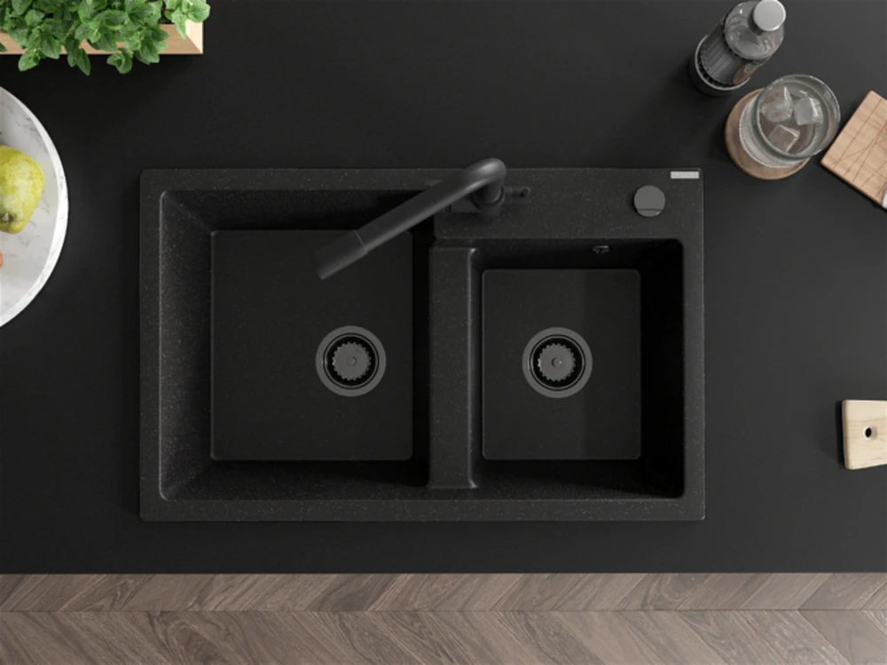Granitinė virtuvinė plautuvė Mexen Tomas su maišytuvu ir sifonu, Metallic juodas/sidabrinis+Juodas(B)
