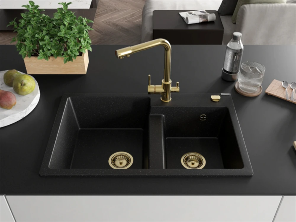 Granitinė virtuvinė plautuvė Mexen Tomas su maišytuvu ir sifonu, Metallic juodas/sidabrinis+Gold