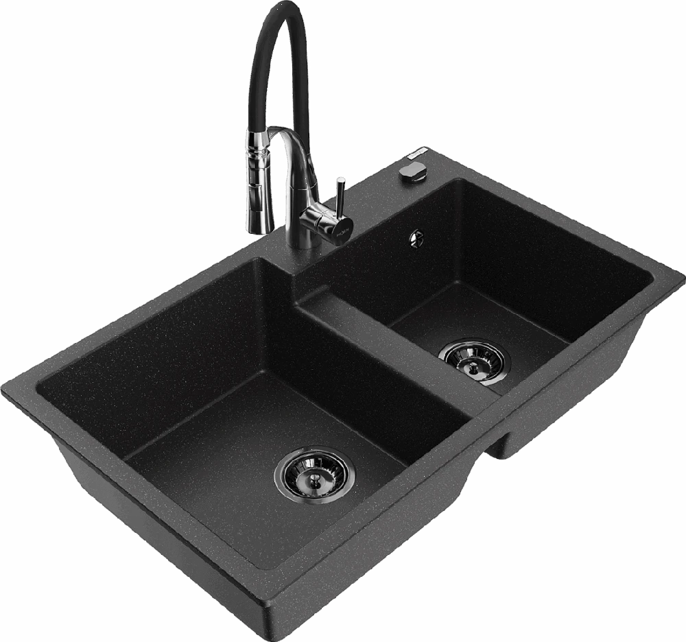 Granitinė virtuvinė plautuvė Mexen Tomas su maišytuvu ir sifonu, Metallic juodas/sidabrinis+Juodas/Chrome