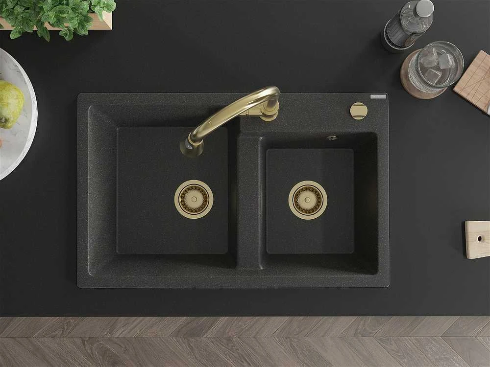 Granitinė virtuvinė plautuvė Mexen Tomas su maišytuvu ir sifonu, Juodas granite+Gold
