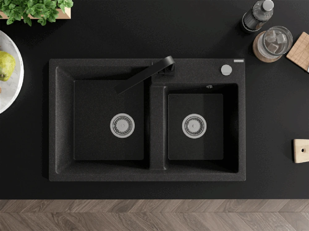 Granitinė virtuvinė plautuvė Mexen Tomas su maišytuvu ir sifonu, Juodas granite+Juodas