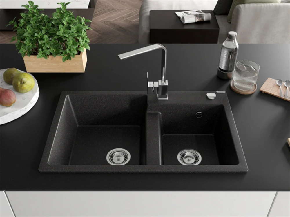 Granitinė virtuvinė plautuvė Mexen Tomas su maišytuvu ir sifonu, Juodas granite+Chrome