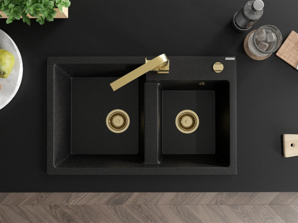 Granitinė virtuvinė plautuvė Mexen Tomas su maišytuvu ir sifonu, Metallic juodas/sidabrinis+Gold