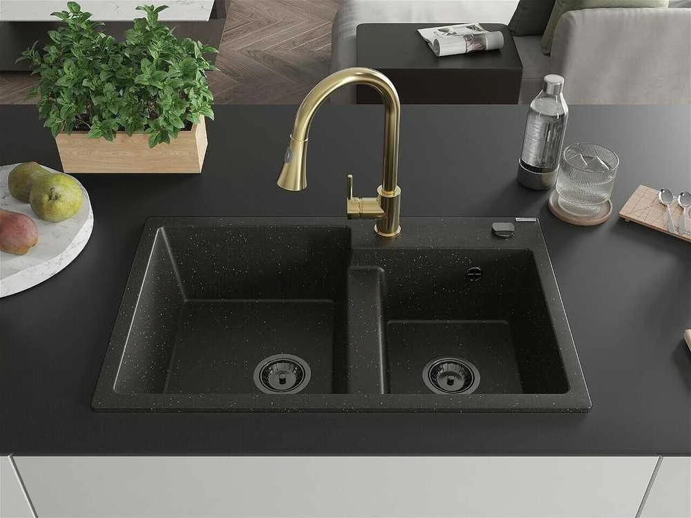 Granitinė virtuvinė plautuvė Mexen Tomas su maišytuvu ir sifonu, Metallic juodas/auksinis+Gold