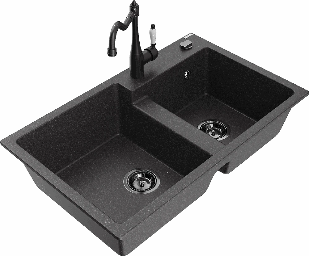 Granitinė virtuvinė plautuvė Mexen Tomas su maišytuvu ir sifonu, Juodas granite+Juodas