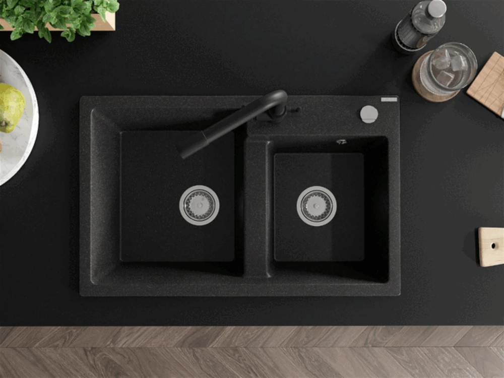 Granitinė virtuvinė plautuvė Mexen Tomas su maišytuvu ir sifonu, Juodas granite+Juodas