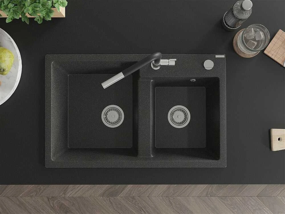 Granitinė virtuvinė plautuvė Mexen Tomas su maišytuvu ir sifonu, Juodas granite+Juodas/Chrome