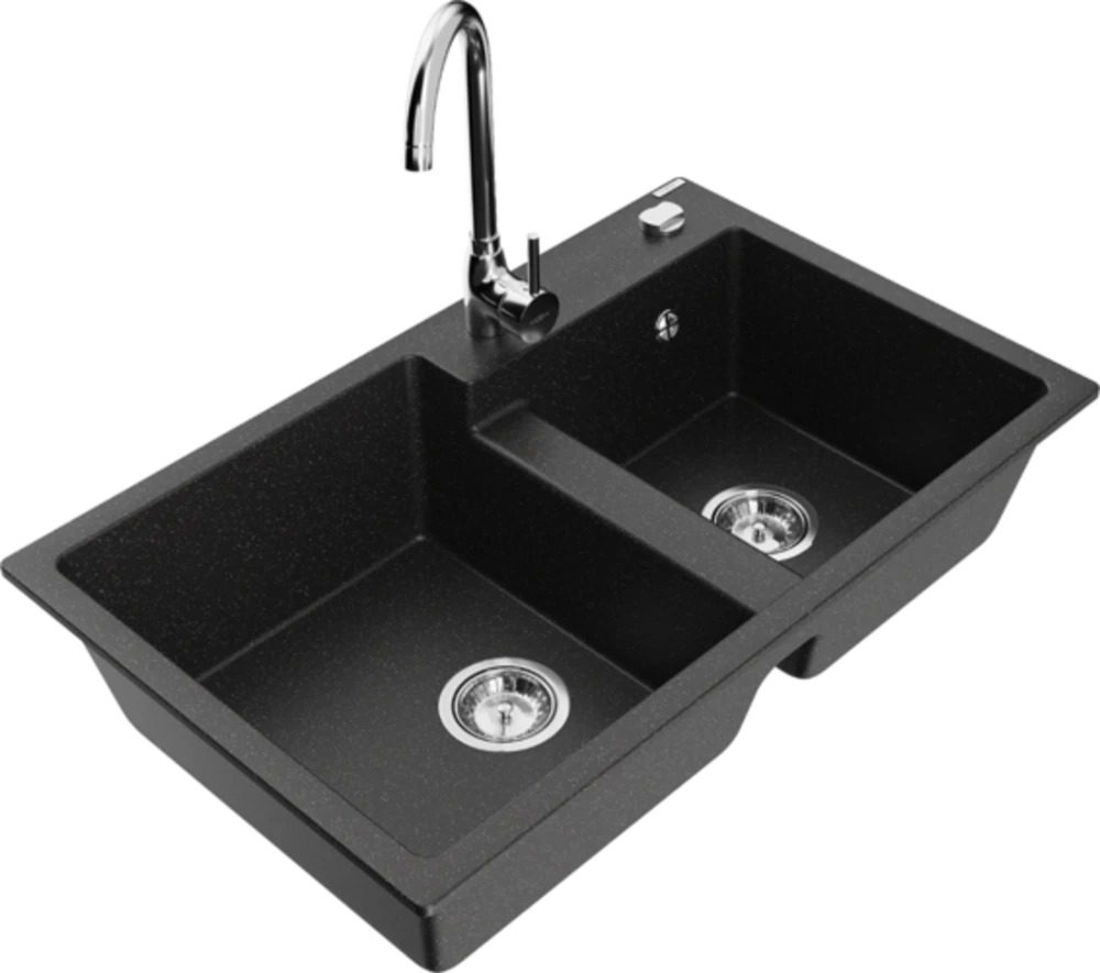 Granitinė virtuvinė plautuvė Mexen Tomas su maišytuvu ir sifonu, Metallic juodas/sidabrinis+Chrome