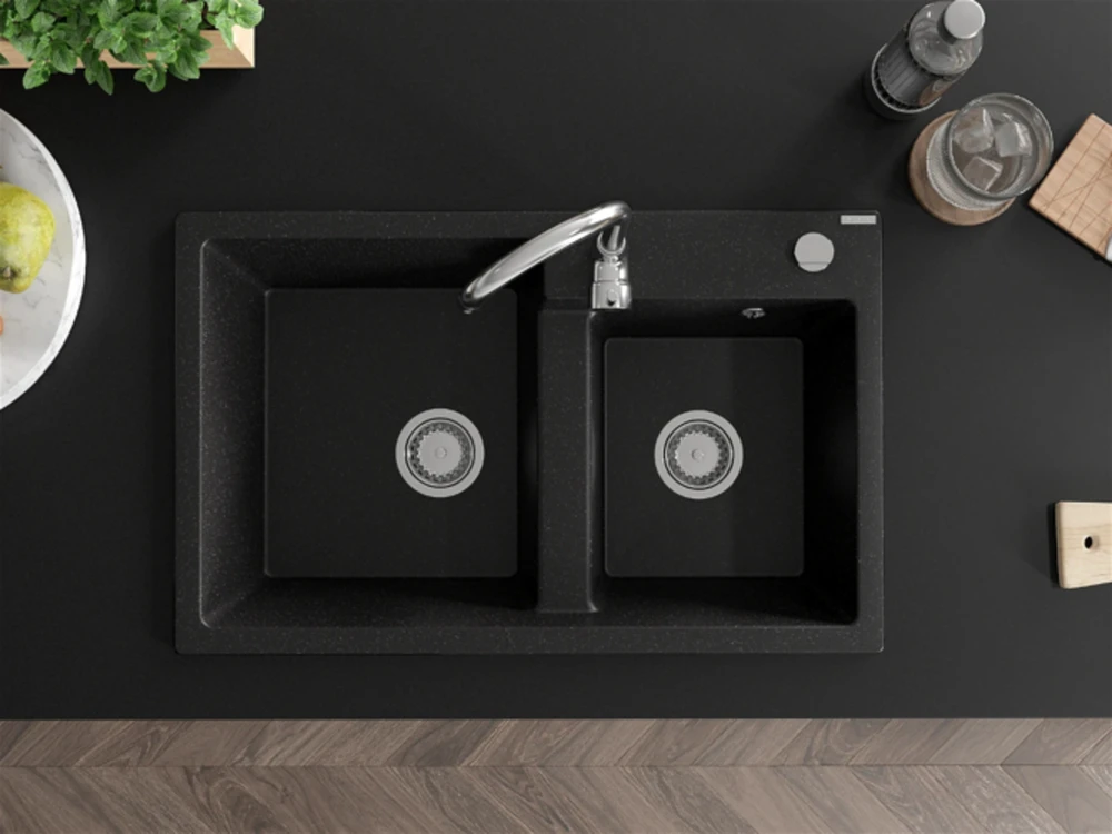 Granitinė virtuvinė plautuvė Mexen Tomas su maišytuvu ir sifonu, Metallic juodas/sidabrinis+Chrome