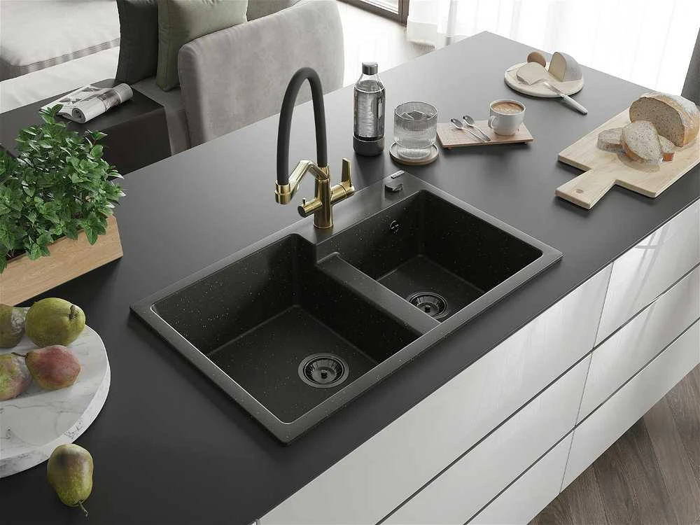 Granitinė virtuvinė plautuvė Mexen Tomas su maišytuvu ir sifonu, Metallic juodas/auksinis+Juodas/Gold