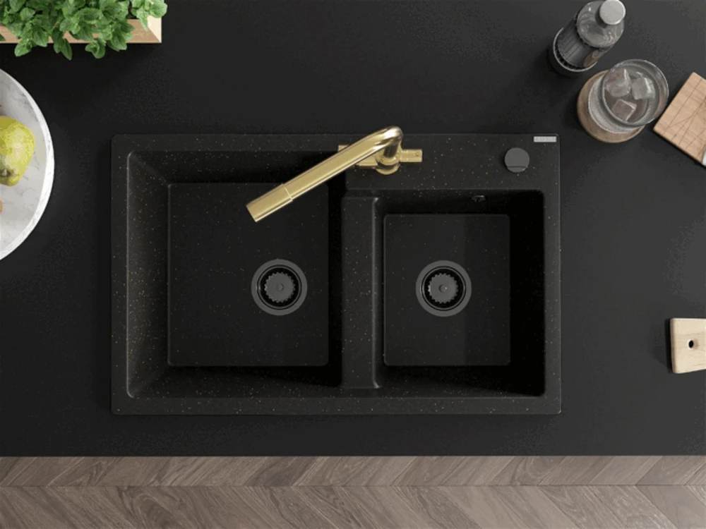 Granitinė virtuvinė plautuvė Mexen Tomas su maišytuvu ir sifonu, Metallic juodas/auksinis+Gold(B)