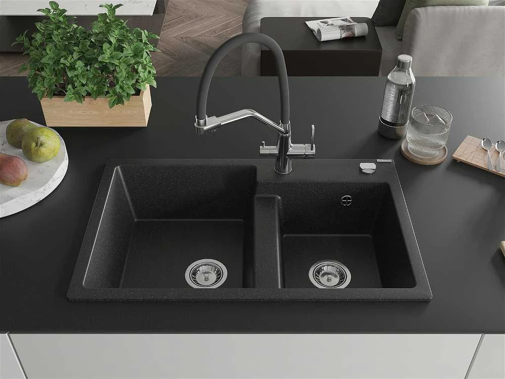 Granitinė virtuvinė plautuvė Mexen Tomas su maišytuvu ir sifonu, Metallic juodas/sidabrinis+Juodas/Chrome