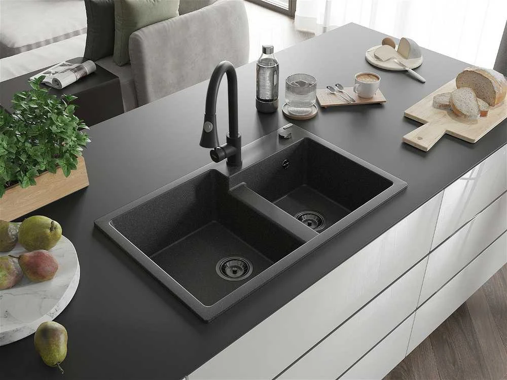 Granitinė virtuvinė plautuvė Mexen Tomas su maišytuvu ir sifonu, Juodas granite+Juodas
