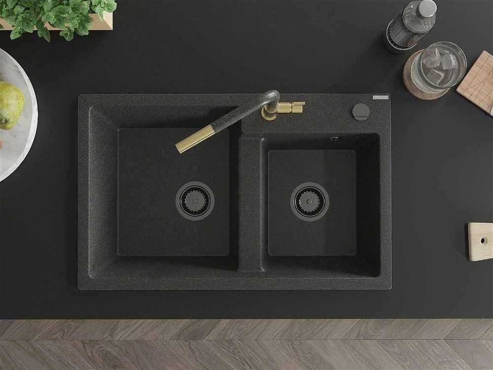 Granitinė virtuvinė plautuvė Mexen Tomas su maišytuvu ir sifonu, Juodas granite+Juodas granite/Gold