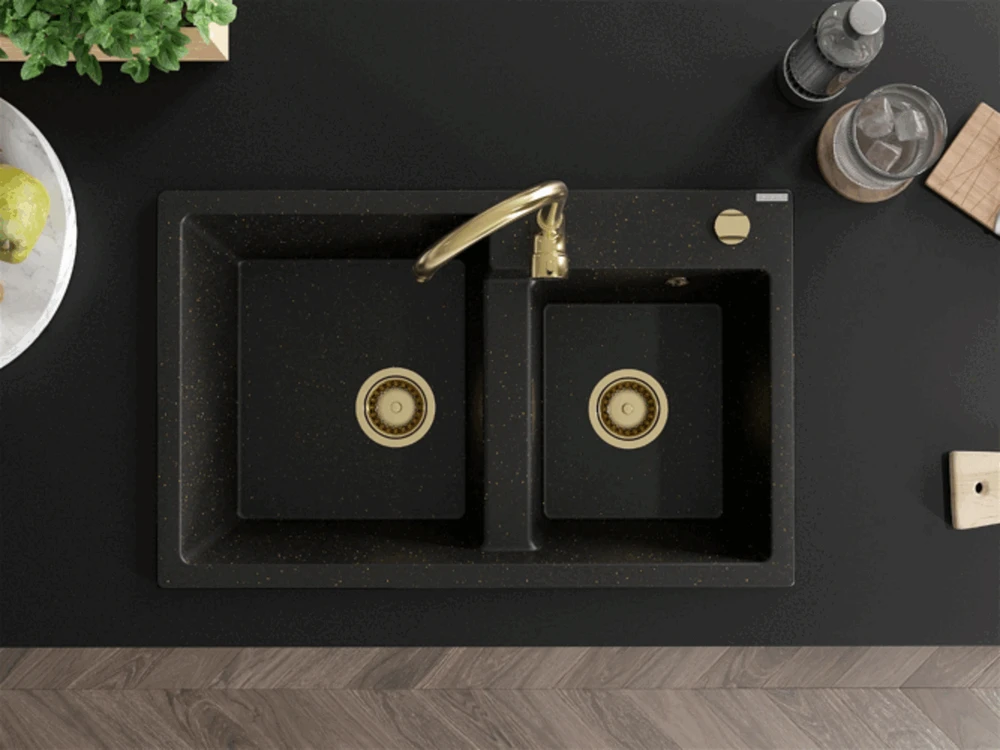 Granitinė virtuvinė plautuvė Mexen Tomas su maišytuvu ir sifonu, Metallic juodas/auksinis+Gold