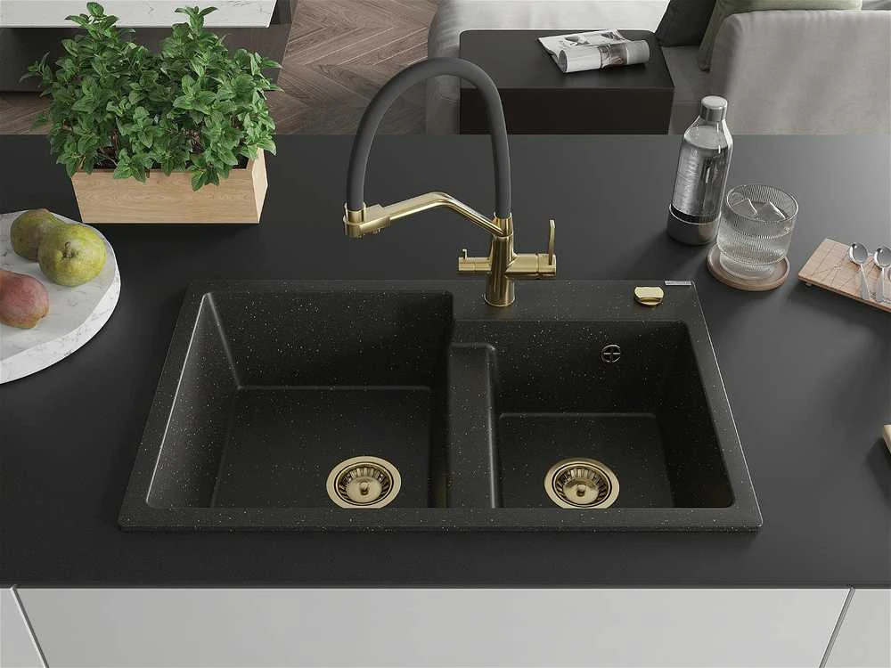 Granitinė virtuvinė plautuvė Mexen Tomas su maišytuvu ir sifonu, Metallic juodas/auksinis+Juodas/Gold