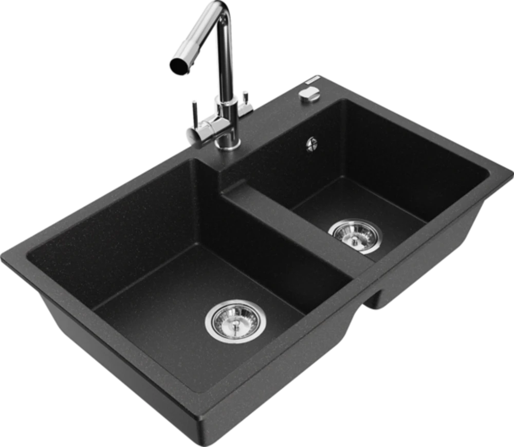 Granitinė virtuvinė plautuvė Mexen Tomas su maišytuvu ir sifonu, Metallic juodas/sidabrinis+Chrome