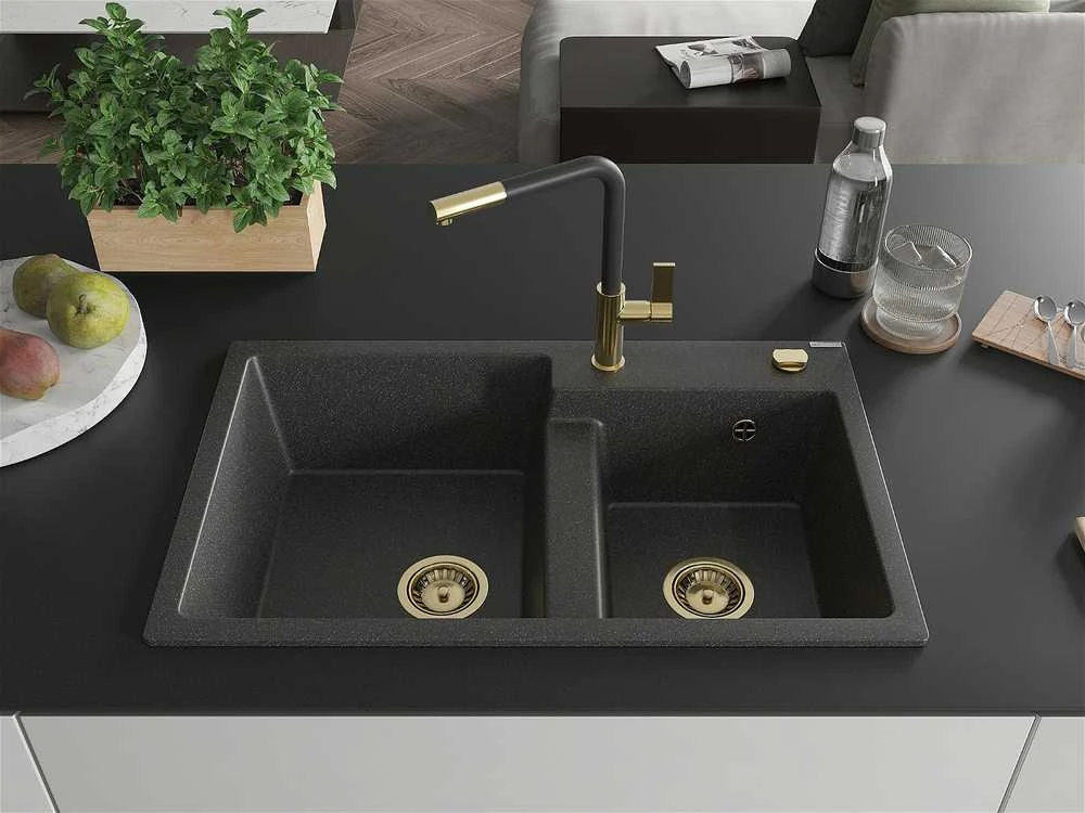 Granitinė virtuvinė plautuvė Mexen Tomas su maišytuvu ir sifonu, Juodas granite+Juodas/Gold